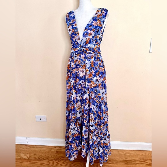 Misa Los Angeles Dominika Dress Pansy Print Floral Blue Orange Maxi Dress - Picture 3 of 10